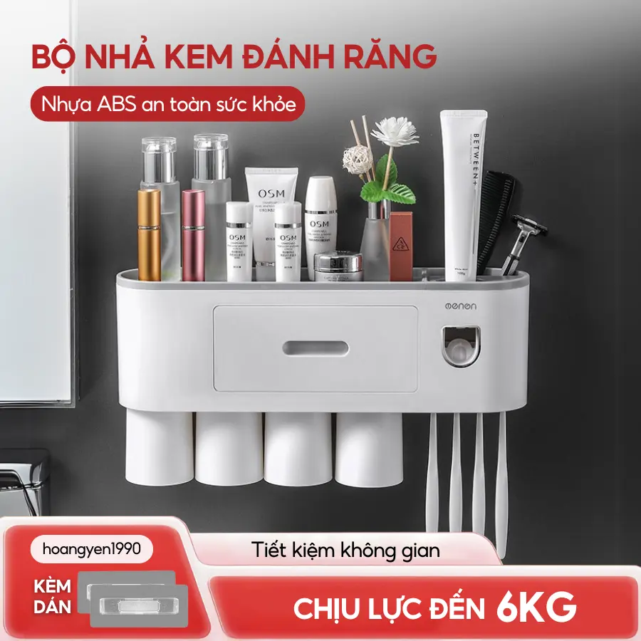 Bộ Nhả Kem Đánh Răng Tự Động, Kệ Để Bàn Chải Đánh Răng Cao Cấp OENON Kèm Cốc Đánh Răng Úp Ngược Hút Nam Châm - Tặng Miếng Dán