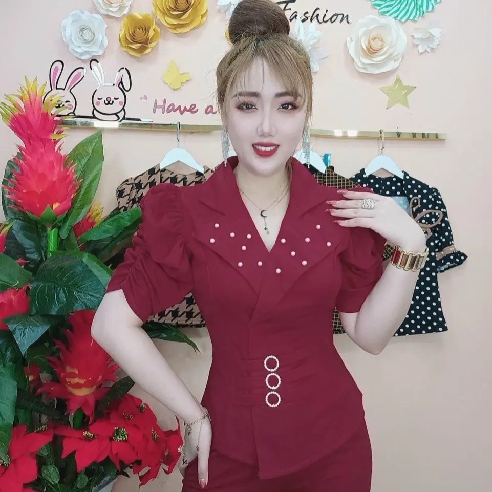 Mã B301. Thun 2da áo đính hột cổ vest, quần dài ống ôm- Women- Nữ