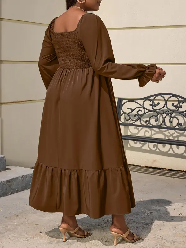 CURVZY Plus Size Plain Shirred Ruffle Hem Autumn Aesthetic Milkmaid Flounce Sleeve Dress, Plus Casual Square Neck Long Sleeve A Line Dress for Daily Wear, Fall & Winter Clothes, Casual Dresses 5