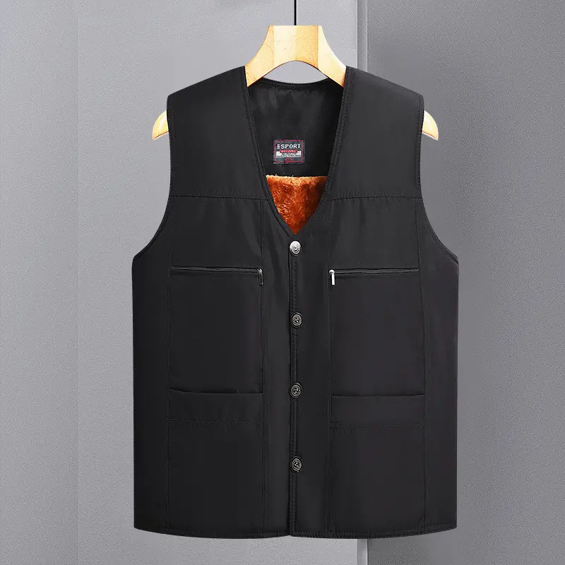 Middle-aged and Elderly Men's Vest 2025 Autumn Winter Thickened Fleece Multi-pocket Waistcoat Vest Dad's Warm Cotton Vest Menswear Tops Lingerie Gilet Beige Plain Tropical Vneck