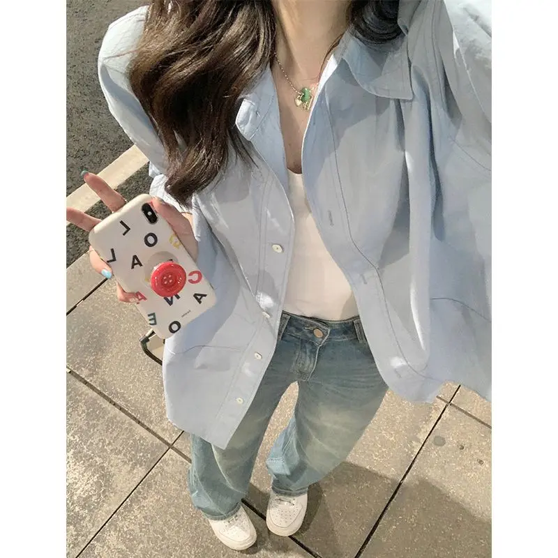 Áo sơ mi dài tay cổ polo Xanh Biển cao cấp dành cho phụ nữ, áo khoác mùa thu rộng rãi, áo cardigan giản dị, áo dài trung bình