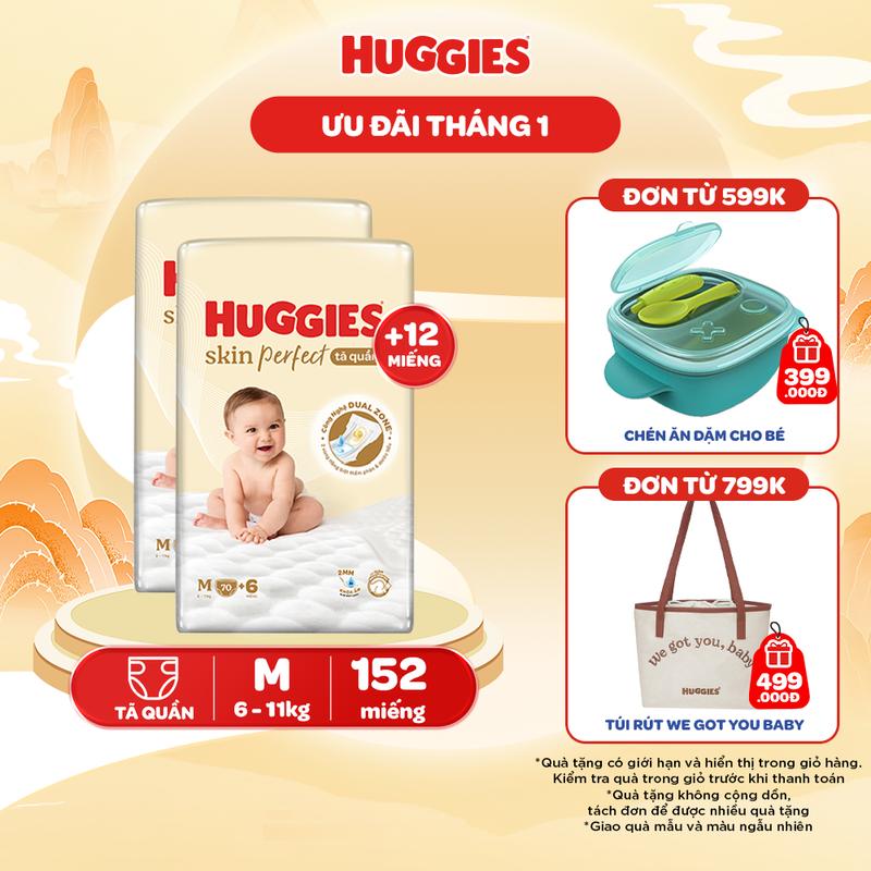 Combo 2 Tã/ Bỉm quần Huggies Skin Perfect Super Jumbo với 2 vùng thấm giảm kích ứng da Size M70+6/L60+6/XL52+6/XXL48+6