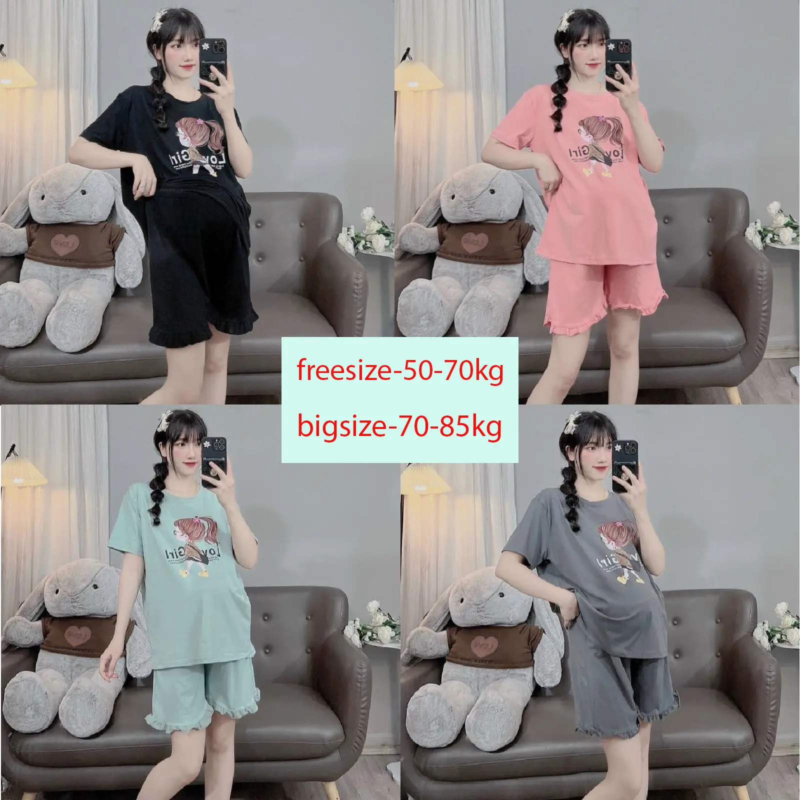 Bộ bầu - bộ sau sinh Mặc Nhà ( Bộ Đùi Lỡ - love girl ) chất liệu Thun Cotton Mềm mát