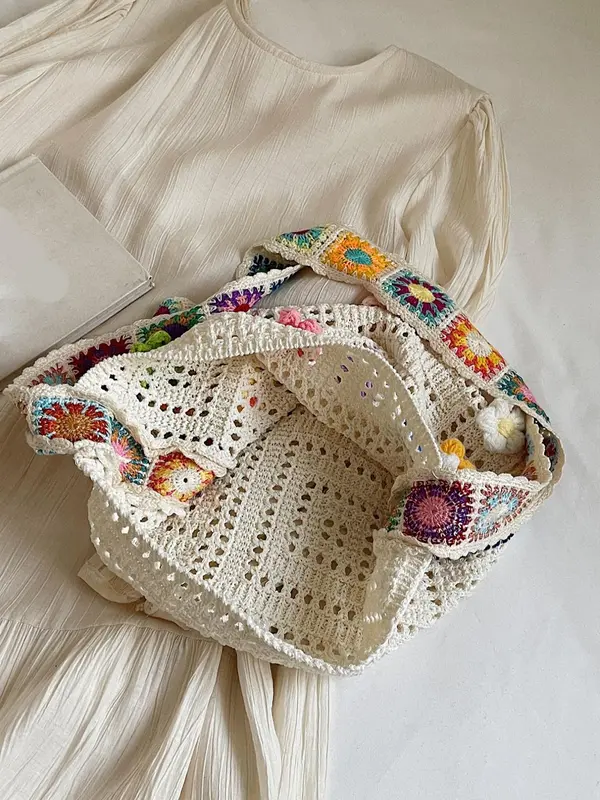 Women's Fashionable Ethnic Style Handbag, Large Capacity Shoulder Bag with Hollow-Out Knitted Design, Casual and Fashionable Crossbody Bag for Women 2