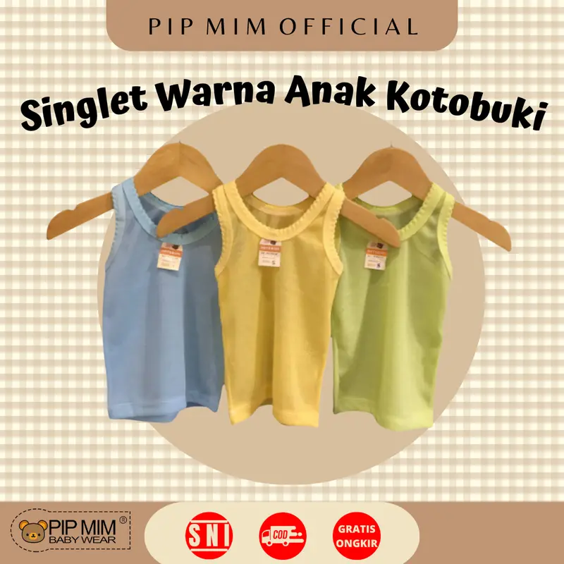 Pip Mim Baby - 6 Pcs Kaos Dalam Singlet WARNA & PUTIH Bayi Anak Perempuan Laki-Laki KOTOBUKI Lembut Halus Ber SNI  / Daleman Bayi 3