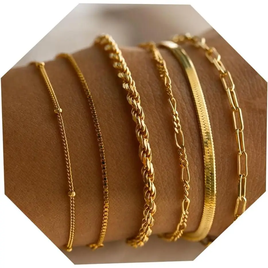 14K Gold Layered Bracelets Set for Women - Adjustable Stackable Cuban & Paperclip Chains Hypoallergenic Daily Jewelry