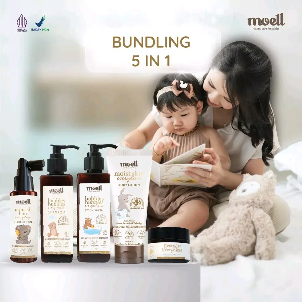 Paket Lengkap Skincare Moell | Moell Body Lotion | Moell Hair Lotion | Moell Multipurpose Balm | Moell Shampoo | Moell Body Wash | Moell Face Cream / Set Perawatan Kulit Anak Bayi