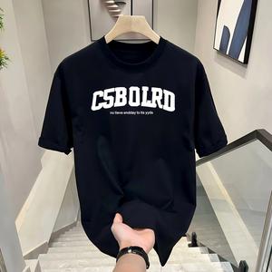 ผ้าฝ้ายคอกลมแขนสั้นเสื ้อยืดผู้ชายเทรนด์ภาษาอ ังกฤษพิมพ์ฤดูร้อนด้านบ หลวมพร้อมเสื้อยืดขนาด