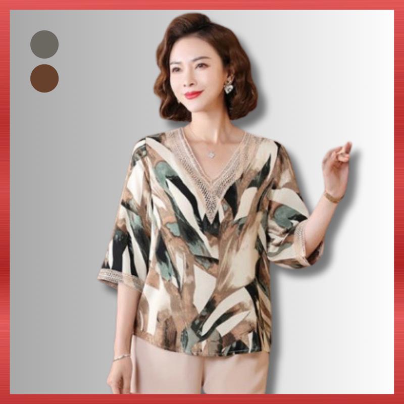 Áo Trung Niên Nữ A101, Chiếc Áo Sơ Mi Cho Mẹ Cổ Chữ V Họa Tiết Hoa Văn Lịch Sự Bigsize, Thời Trang Trung Niên NP Clothing