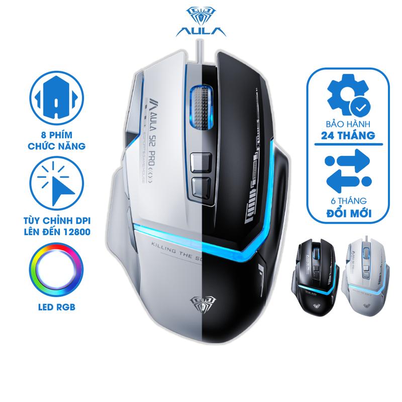 Chuột Gaming Có Dây AULA S12 PRO DPI 12800 Led RGB 8 Phím Chức Năng 1000Hz Chơi Game Chính Hãng Tặng Pad Chuột