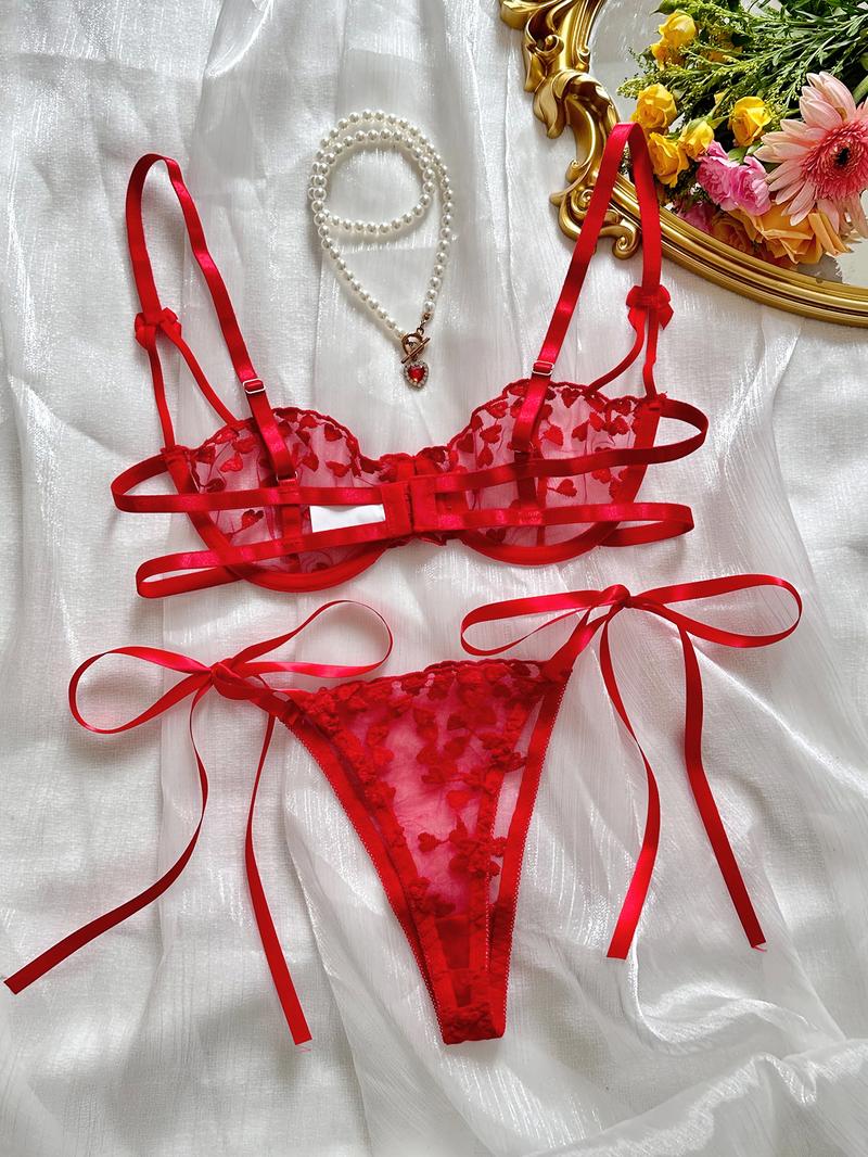 Product Introduction of Wind romantic love embroidery sexy perspective mesh with steel ring underwear for women 11