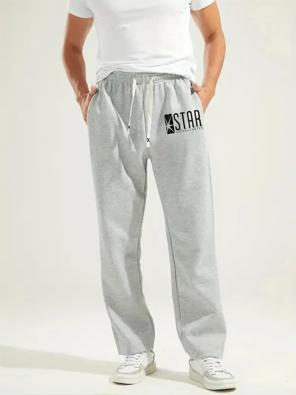 Unisex Letter Print Drawstring Waist Sweatpants, Casual Pocket Straight Leg Trousers for Daily Wear, Unisex Bottoms for All Seasons 0