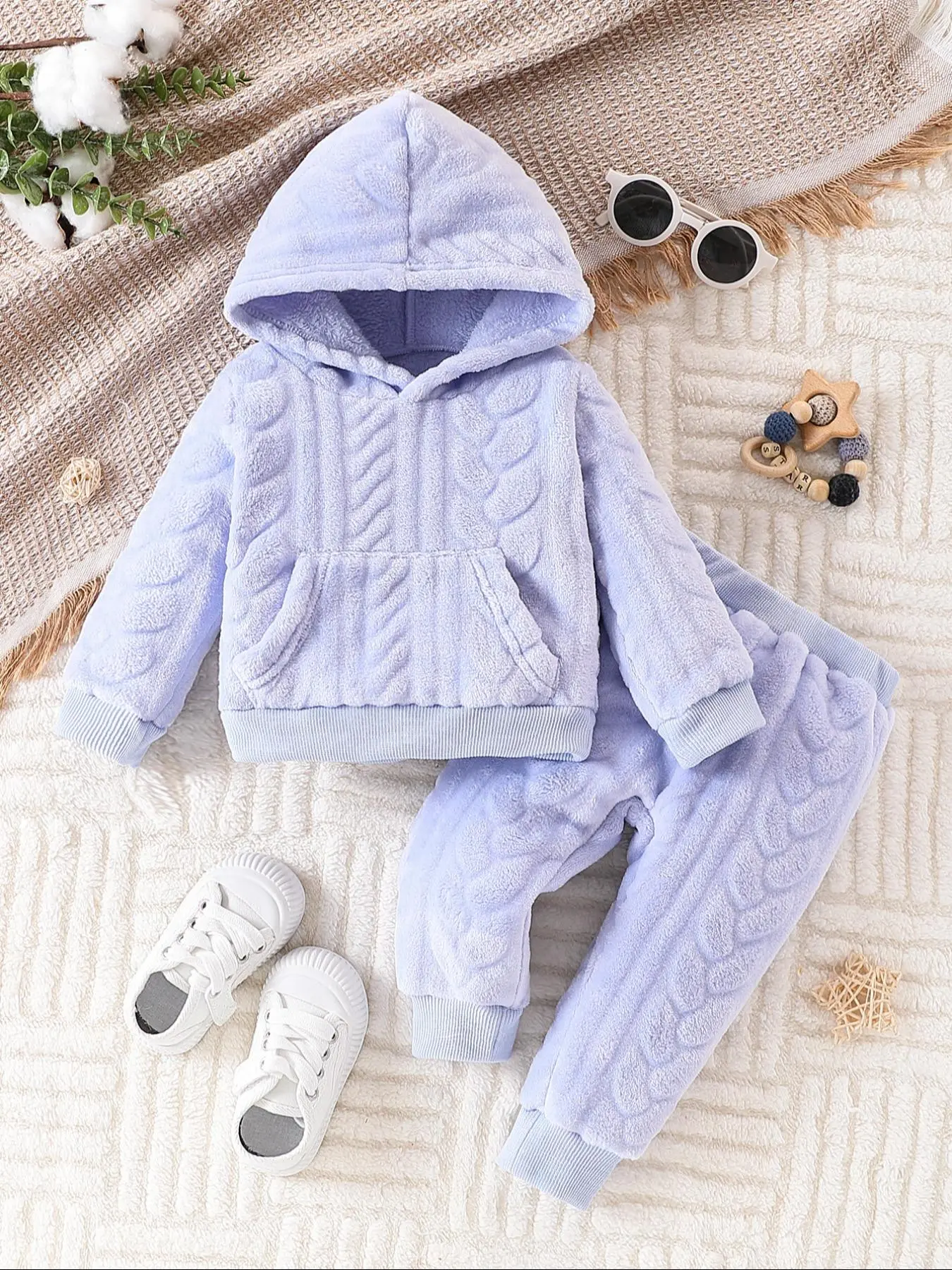 Baby Girls' Solid Pocket Hooded Sweatshirt & Pants Two-piece Set, Casual Long Sleeve Pullover Top & Trousers, Infant Toddler Kids Fall & Winter Clothes