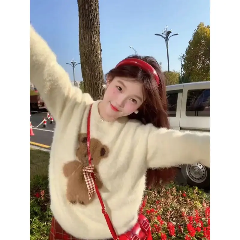 Áo Len Lông Chồn, Màu Mơ, Áo Len Gồm Mohair Có Nơ Mùa Thu Và Mùa Đông Của Phụ Nữ, Áo Mặc Bên Ngoài, Thích Hợp Cho Mùa Đông