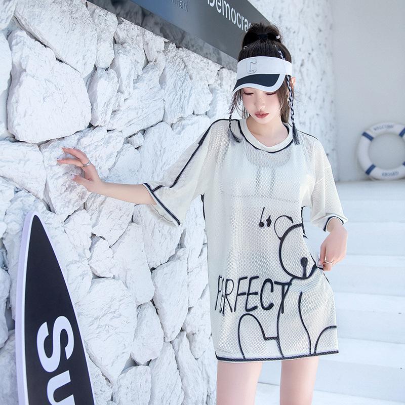 Product Introduction of Korean Style y2k Sports Swimwear Boyfriend Design Oversize t-Shirt Top Bra And Short 3piece Set Mesh White Swimsuit Bathing Suit 4