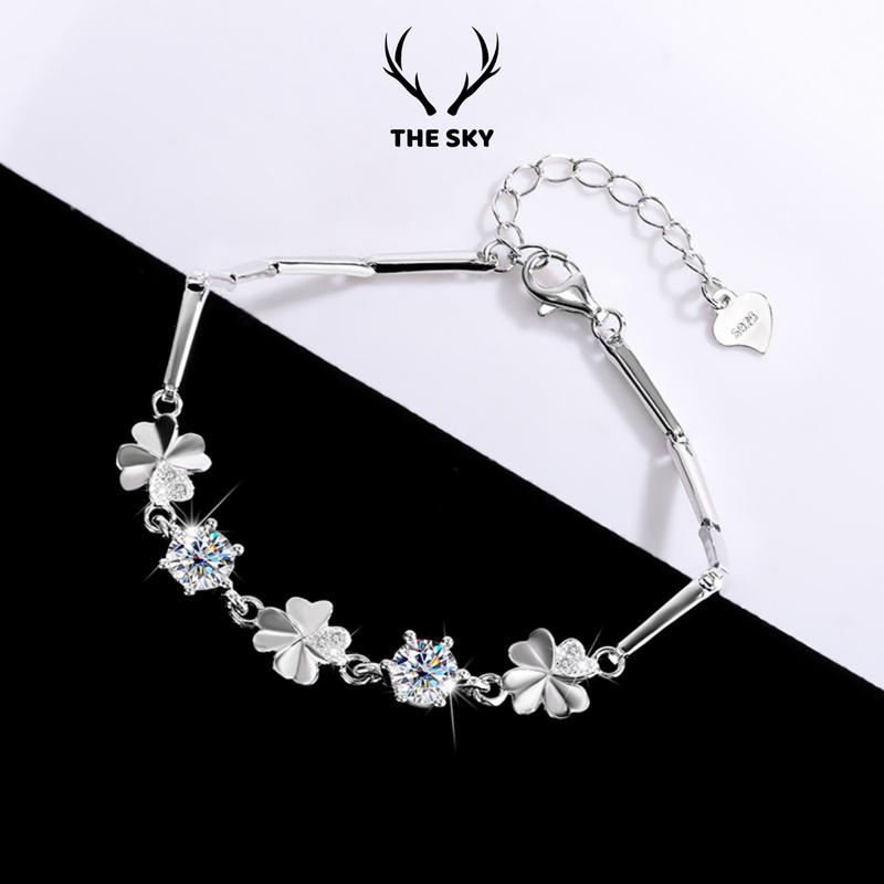 Lắc tay nữ THE SKY vòng tay 3 cỏ 4 lá dây dày xi kim đính đá may mắn FOUR-LEAF CLOVER TSLT022 Phụ Kiện Star Đeo Tay