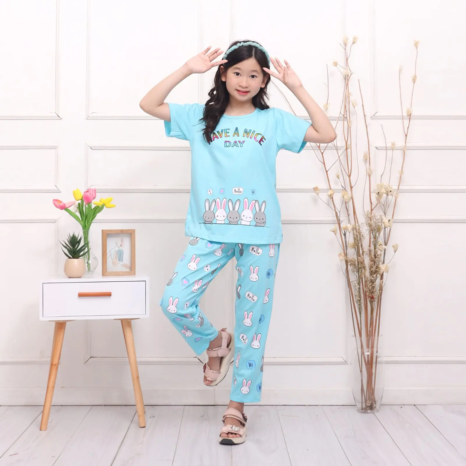 KImchan Setelan Baju Tidur Piyama Kaos Katun Anak Perempuan 6-12 Tahun Celana Motif