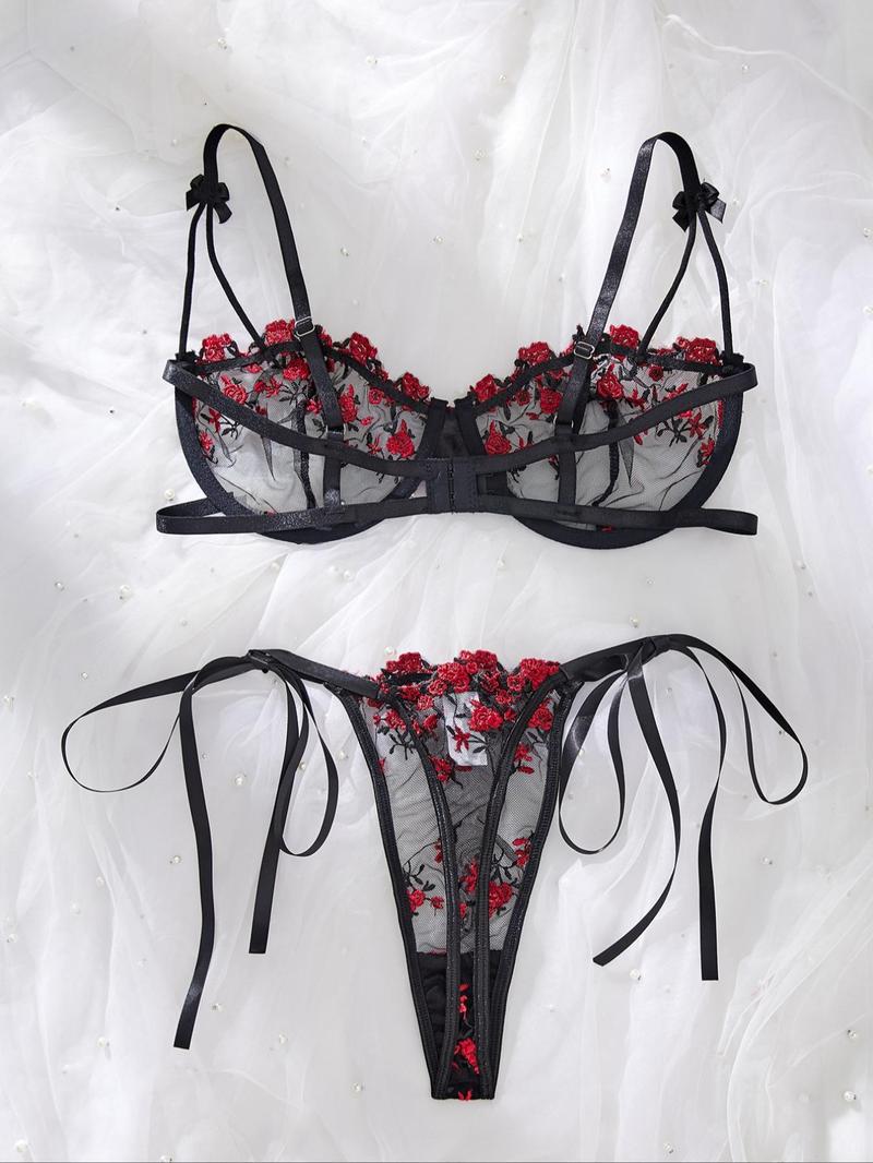 Product Introduction of Women's Ditsy Floral Embroidery Sheer Underwire Bra & Thong Sexy Lingerie Set, Adjustable Strap  Bra & Panty, Lingerie Set for Women 2