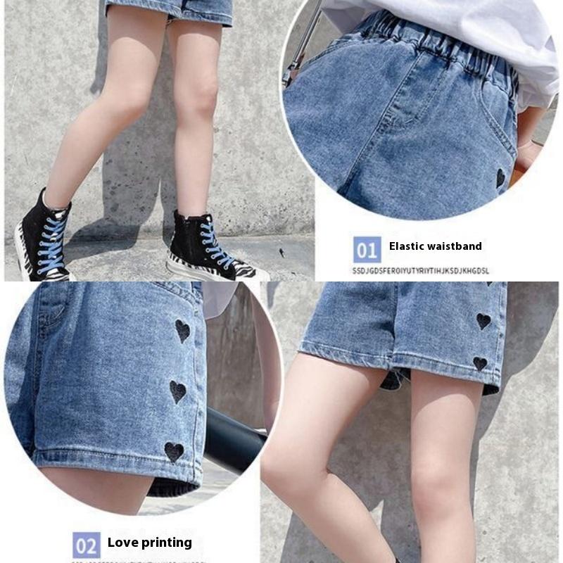 Product Introduction of Shorts For Kids Girls Korean Heart Embroided 4 Pockets 7-15yrs Denim Short For Kids Girl Elastic Waist Summer Fashion 16