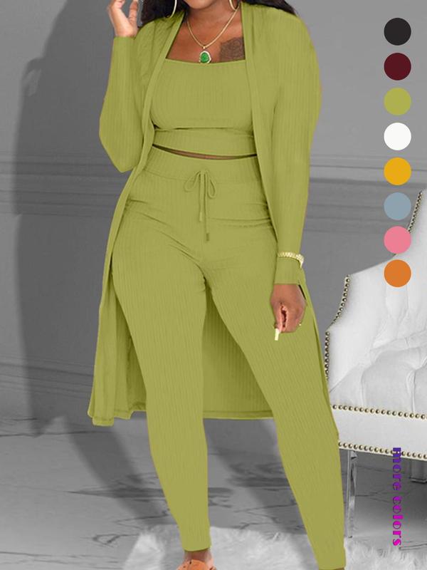 Women's Plain Long Sleeve Open Front Cardigan & Tie Front Leggings & Sleeveless Cropped Top Set, Casual Chic Elegant Fashion Cozy Breathable Women's Lounge Outfits for Fall, Ladies Fall Co-ord Sets, Womenswear 4