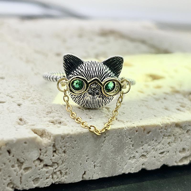 925 Sterling Silver Doctor Cat Ring with 18K Gold Plated Glasses3