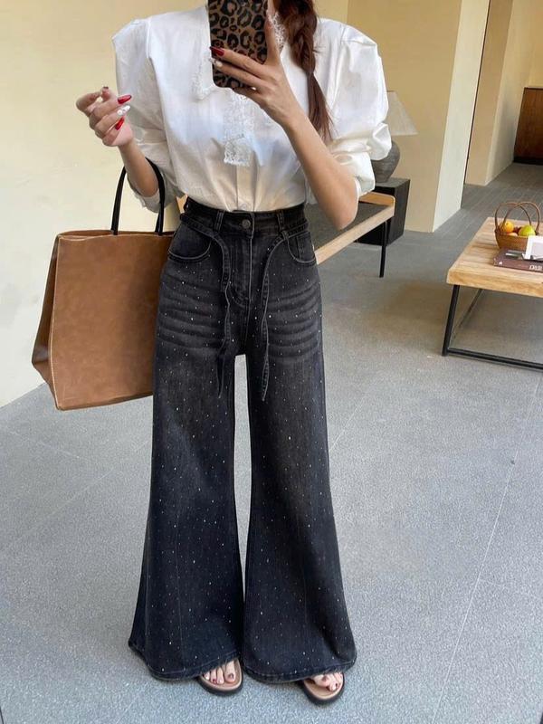 (QB519) Quần jean ống rộng loe màu mài ánh bạc cạp phối dây MAIDO TRENDY Nữ Pants 2