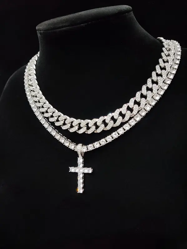 Luxury Artificial Zircon Vintage Necklace Set, Cross Pendant Necklace & Cuban Chain Necklace, Sparkly Matching Jewelry for Party, Streetwear Hip Hop Punk Gift for Men Women, for Fall 4