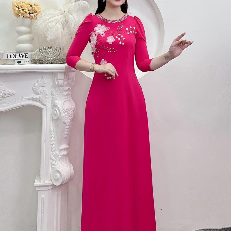  Áo Dài Tặng Mẹ Thêu Hoa Đính Ngọc.Vải Lụa Mỹ Cao Cấp Nữ Women Dress Voan Sen Màu Hồng 