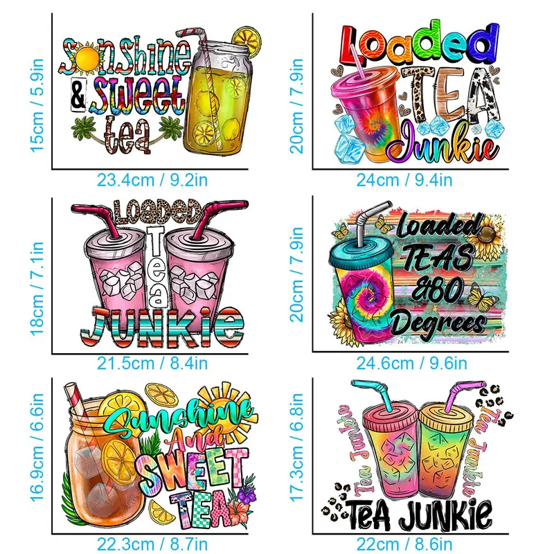 6counts/set Cartoon Tea Junkie Themed Pattern Heat Transfer Sticker, Creative Iron-on Heat Transfer Sticker, DIY Clothing Decoration Accessories 1