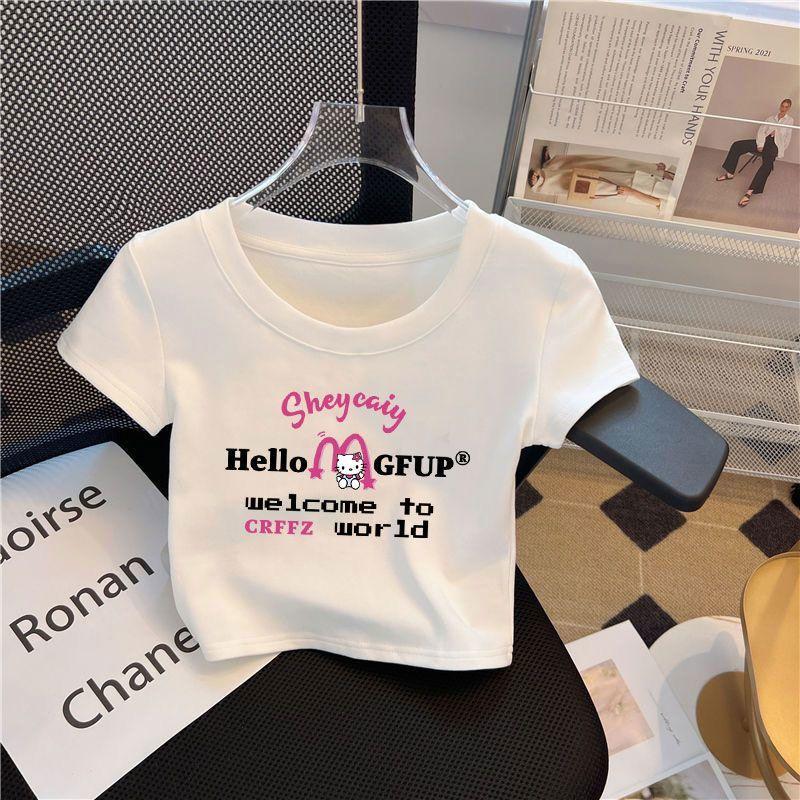 Product Introduction of Pure Cotton Girls Kitty Cat White Short Sleeve T-Shirt for Girls, Short Summer Crop Top, High Waist Half Sleeve Children's Clothing, Trendy 5