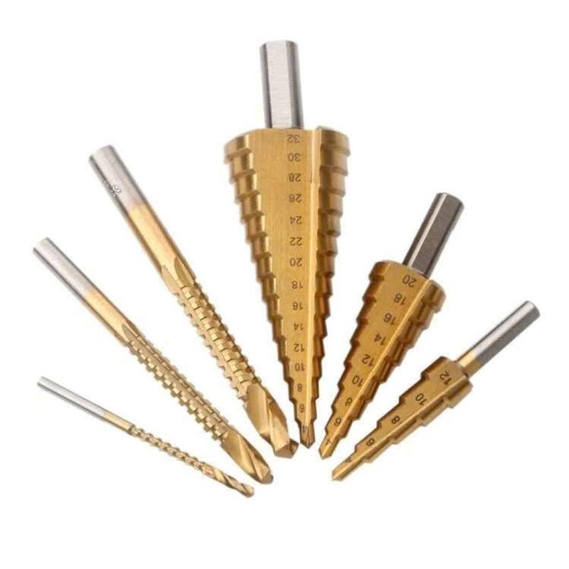 Bộ 6 mũi khoan khoét lỗ đa năng,Mũi khoan hình nón thép phủ titan cỡ 4-12/20/32mm tiện dụng- Khoan được nhiều cỡ lỗ trong 1 mũi khoan 1