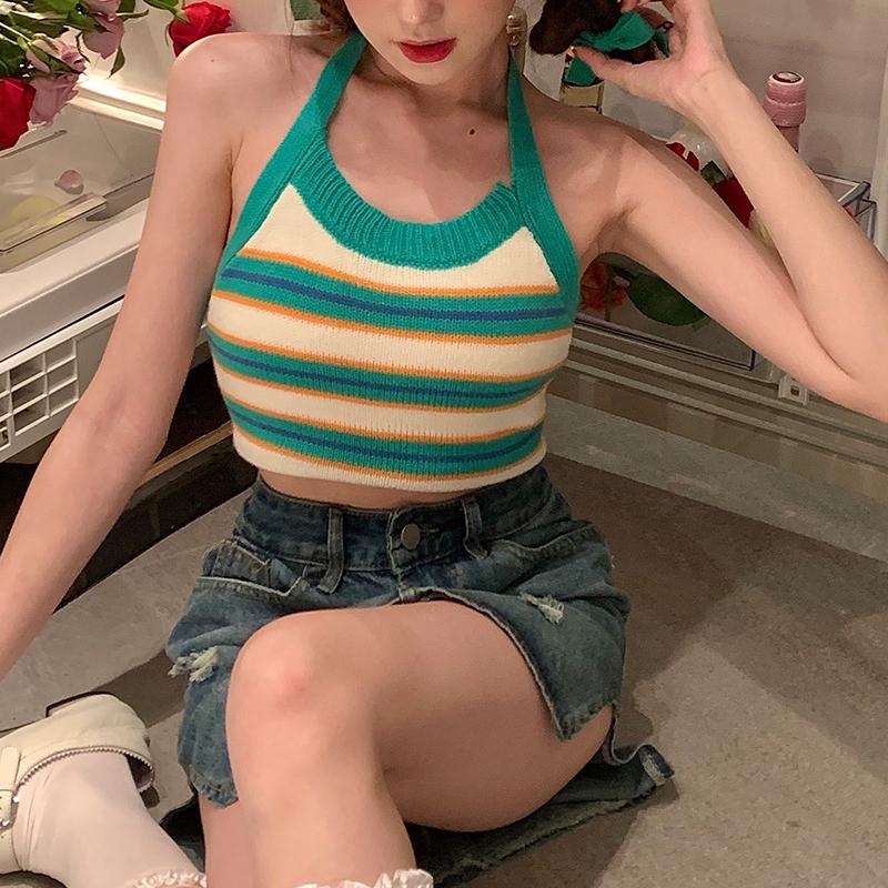 Women Sexy Backless Vest, Stripe Pattern Halter Neck Crop Tops 8