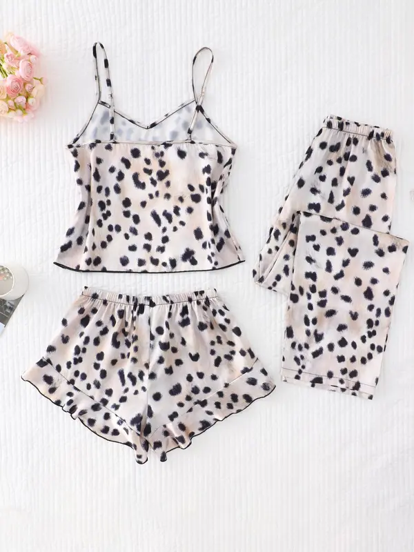 Women's Leopard Print Cami Top & Shorts & Pants Pyjama Set, Camisole & Shorts & Pants, Women's Sleepwear for Summer 3