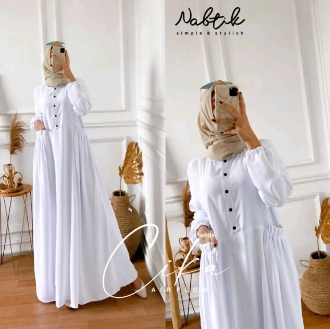 Rdafa Gamis Warna Putih Bahan Crinkle Premium Busui Kancing Kondangan Polos Kantong Lembut Muslim Airflow