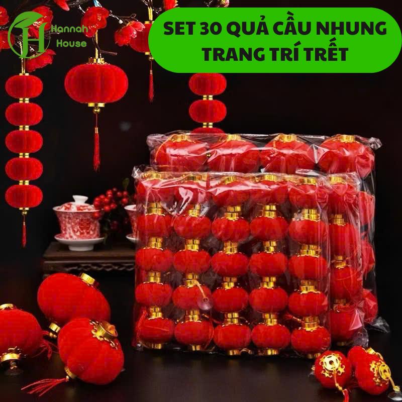 Set 30 quả cầu nhung đỏ treo cây, quả cầu trang trí Tết 2025 thu hút may mắn tài lộc decor nhà cửa