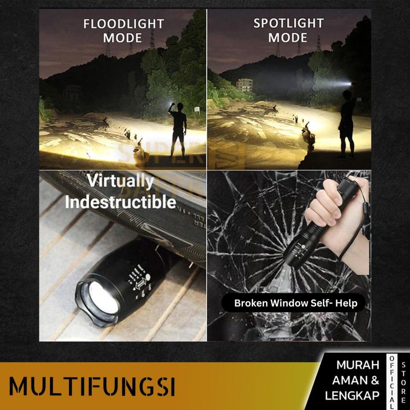 Senter Super Terang Waterproof LED Rechargeable Baterai Tactical Anti Air Lampu SWAT Zoom Murah Free Charger 1