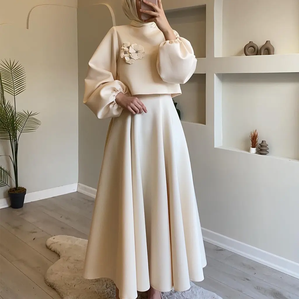 Wholesale Loose Floral Lantern Sleeves Top+skirt S9082