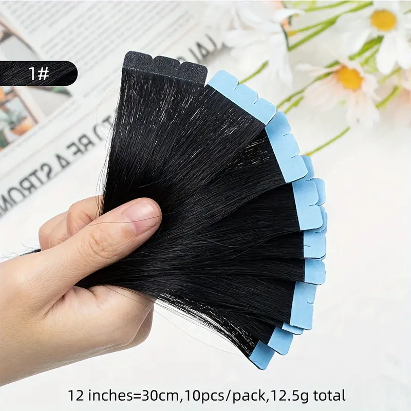 Mini Human Hair Extensions Double-Sided Invisible Seamless Tape 10 Pieces/Set Natural Straight Hair Black Brown Blonde 12-24inch 2
