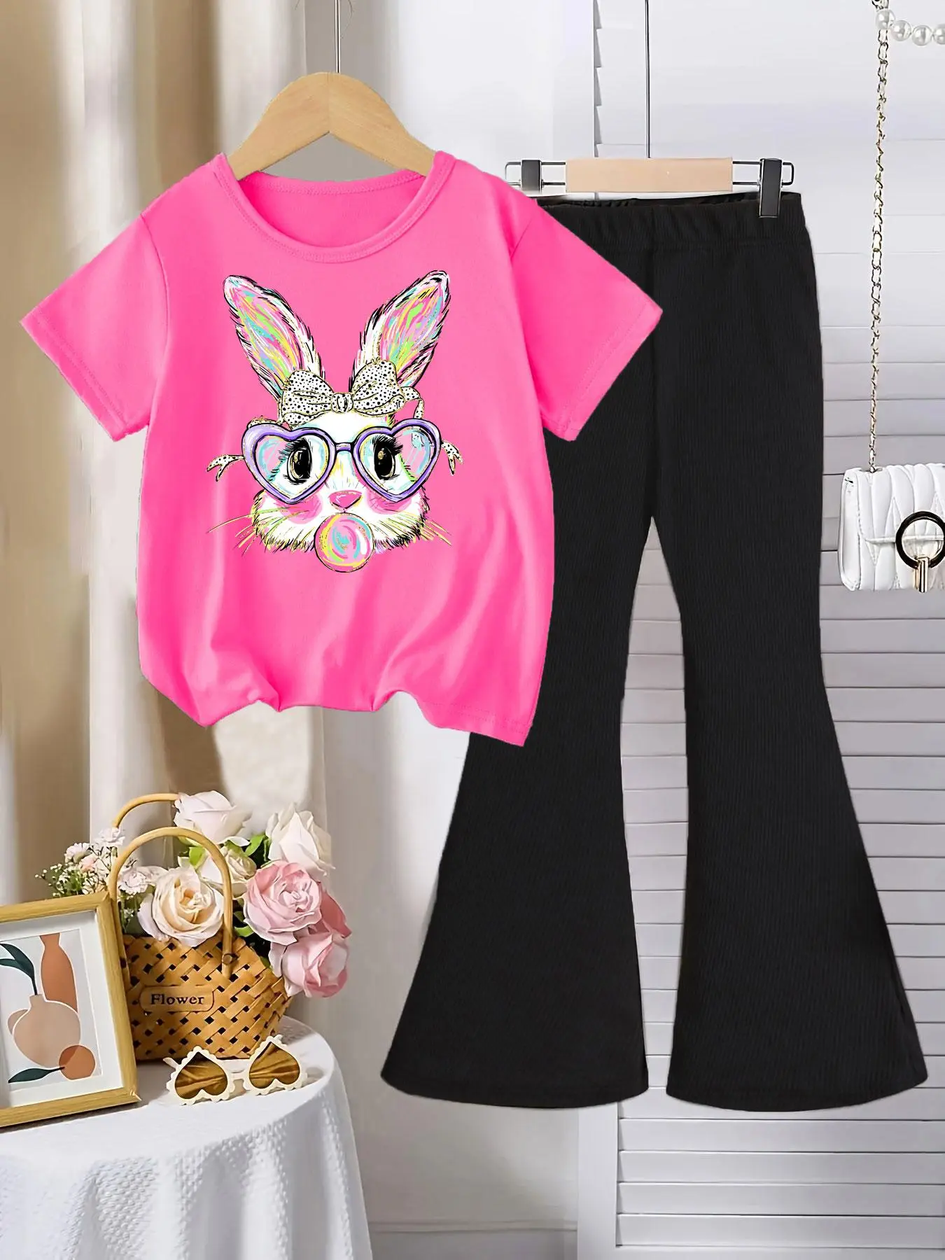 Two-Piece Set Toddler Girl's Cartoon Rabbit Print Tee & Flare Leg Pants Set, Cute Casual Round Neck Short Sleeve T-shirt & Bell Bottom Trousers for Daily Wear, Kids Summer Clothes