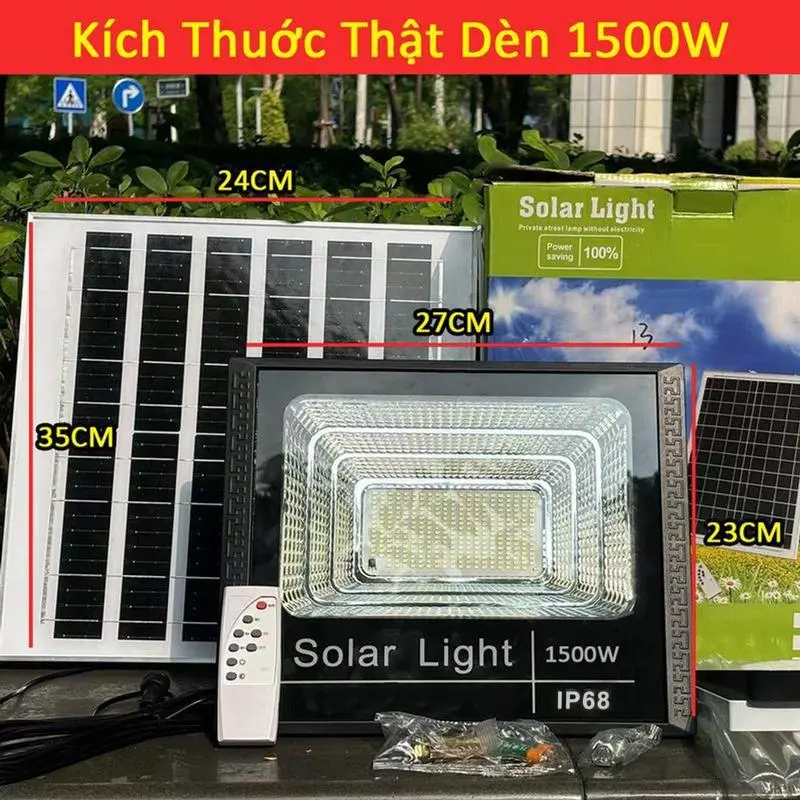 Đèn năng lượng mặt trời 1500WChống nước  Chip led 5730, Sáng 6-8 tiếng. Không tốn tiền điện, An toàn, tự động bật tắt Bảo hành 5 năm đen  nang dennang  luong tuelam  led denn  lmt 0