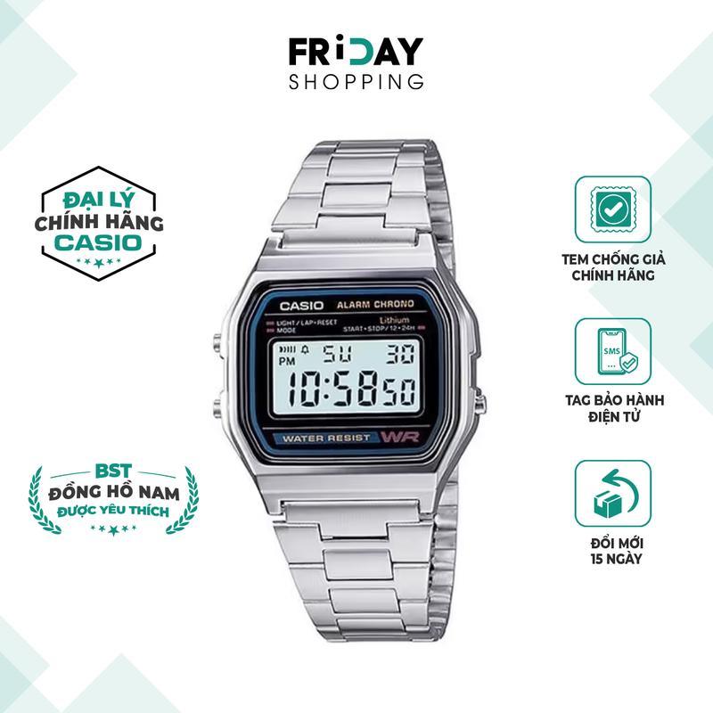 Đồng Hồ Nam Điện Tử Casio Watch A158WA-1DF Dây Kim Loại Mặt Số Đen Chống Nước 3ATM Có Đèn LED Chính Hãng Tem Chống Giả
