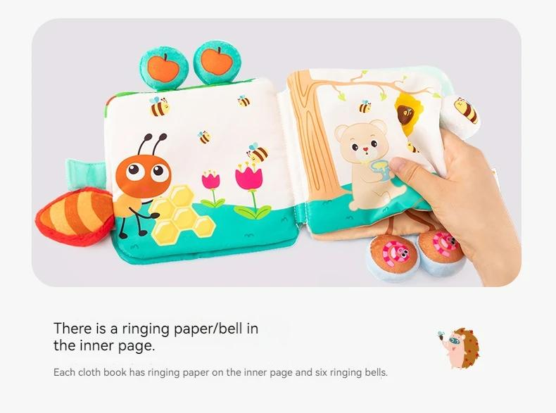 Product Introduction of Montessori Baby Books Toys Touch Feel Soft Crinkle Cloth Books for Babies Infants Educational Toys Rattle Bell Animal Cloth Book 1