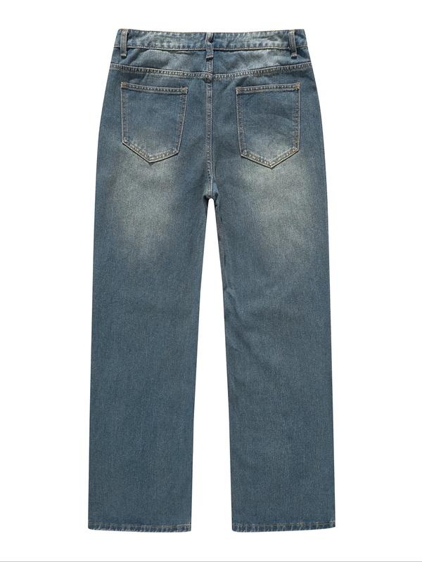 Men's Washed Denim Pants, Casual Comfy Straight Leg Jeans for Daily Wear, Woven Bottoms for All Seasons, Cotton 5