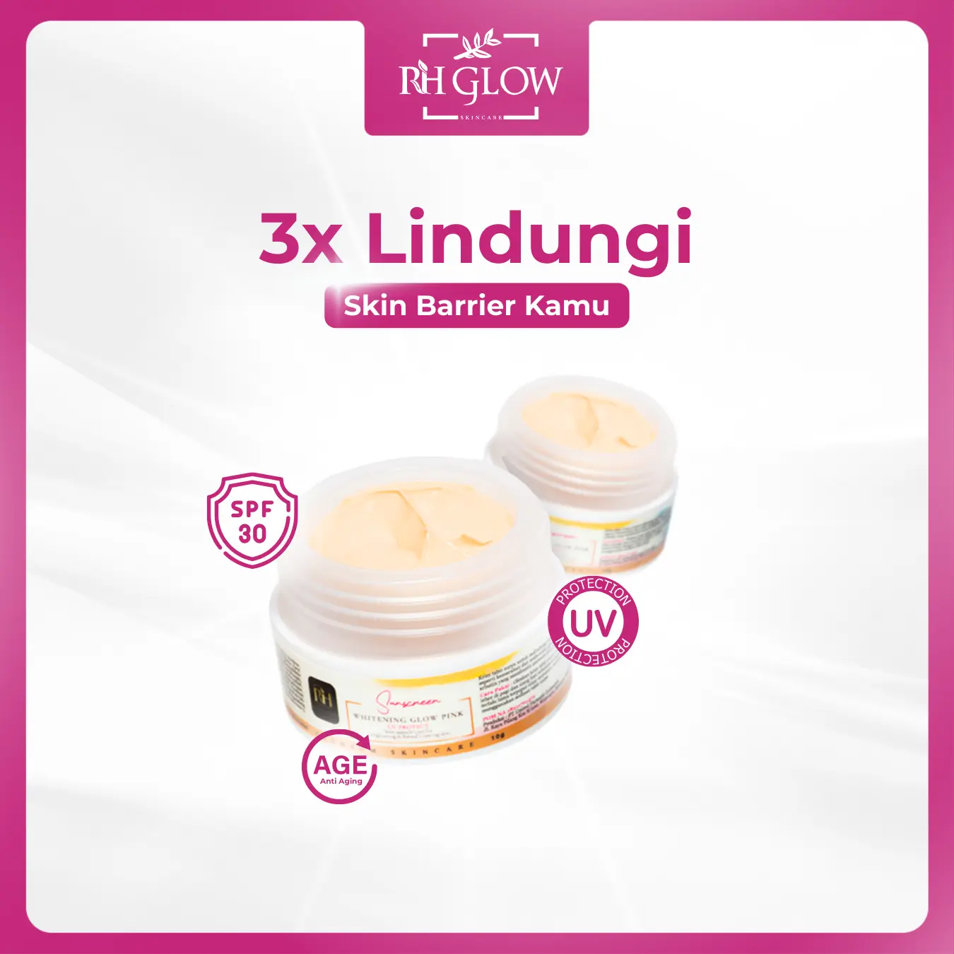 SUNSCREEN WHITENING GLOW PINK (Sunblock Whitening Pink) SPF 50 untuk kulit kusam atau normal membantu m elindungi dari sinar matari