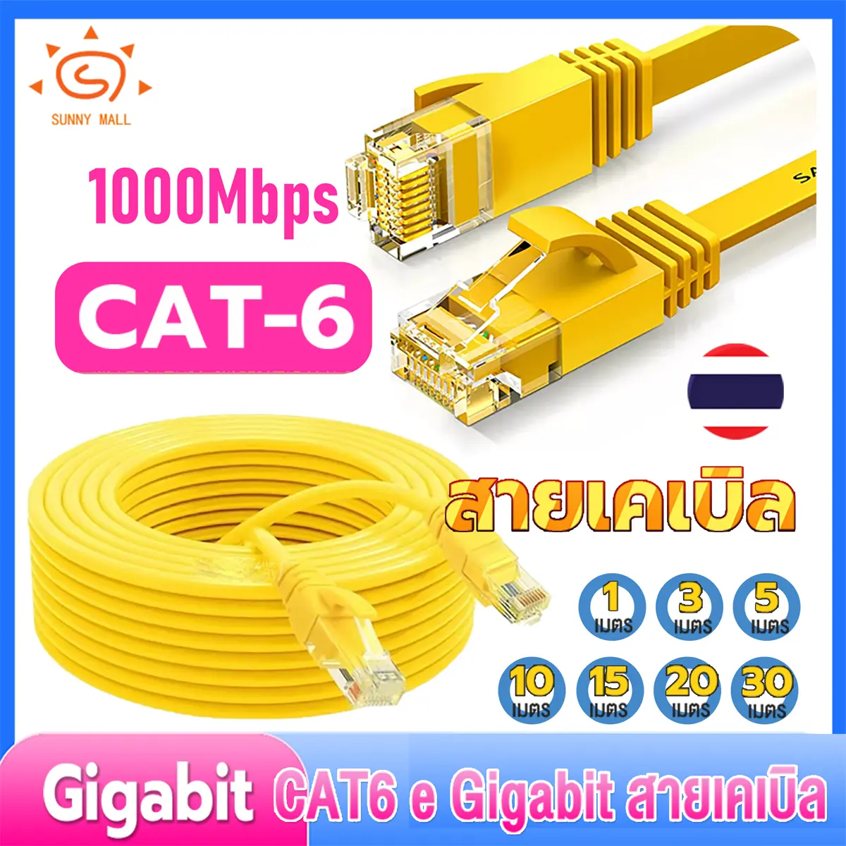 Sunny Mall สายแลน Cat 6 แท้ สาย Lan สายแลน สายเคเบิลเครือข่าย RJ45 FTP Ethernet Network Cable สายเคเบิล สายแลนเน็ต 10 เมตร 1m 3m 5m 10m 15m 20m 30m สําหรับแล็ปท็อปเราเตอร์ PC