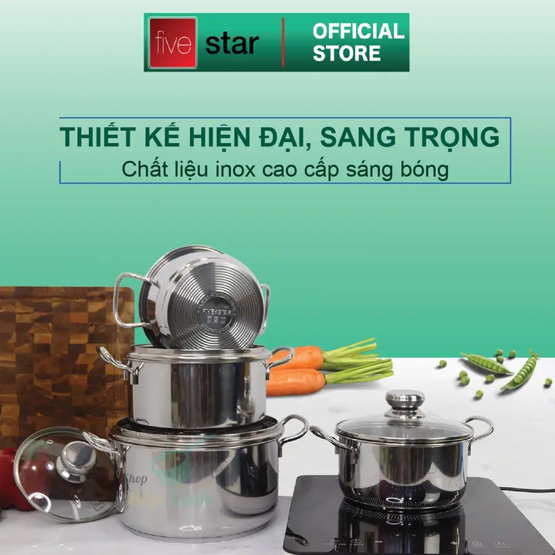 Bộ nồi chảo 3 đáy inox 403 Fivestar 5 món nắp kính tặng 5 muỗng ăn( N16cm x N18cm xN20cm x N24cm x chảo 24cm) 6