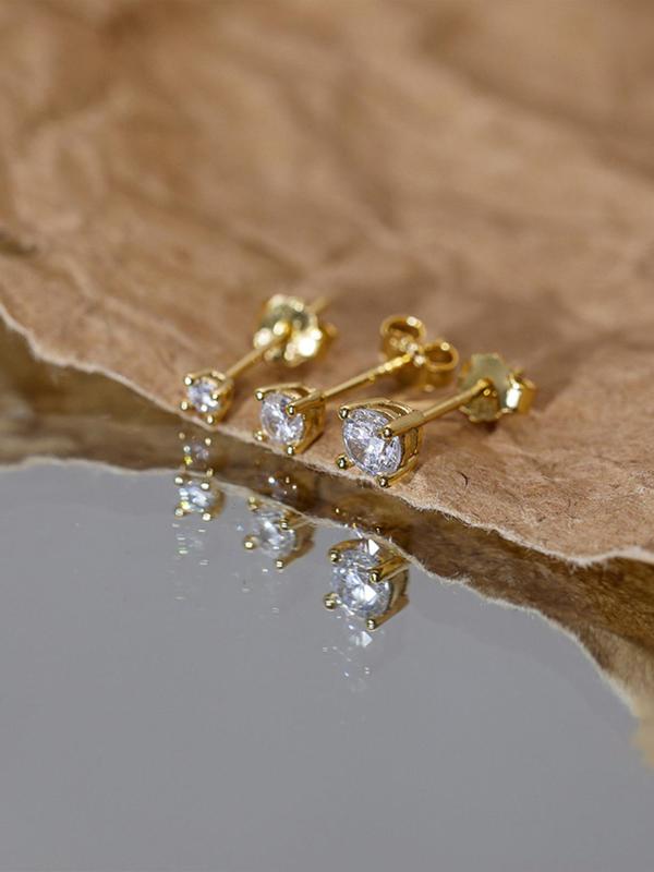 925 Sterling Silver Rhinestone Decorated Stud Earrings, 3 Counts Fashion Temperament Earrings for Women & Men, Trendy All-match & Exquisite Jewelry for Birthday Gift 2