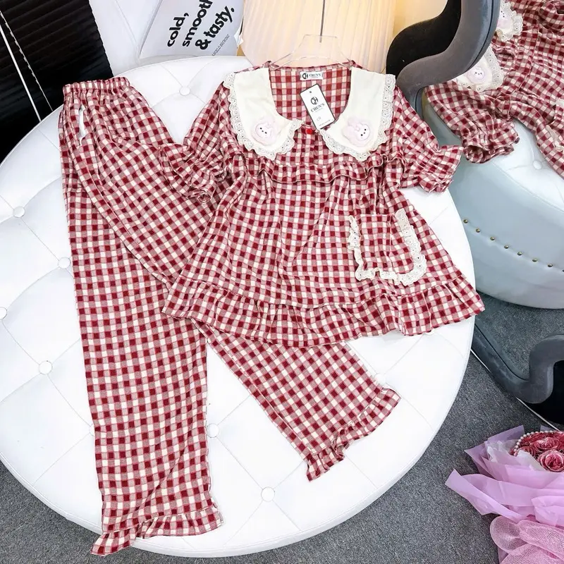 Đồ Bộ Nữ Kẻ Ô Đũi Nhung cổ bèo thỏ 1 túi 40-57kg 1m50-1m60