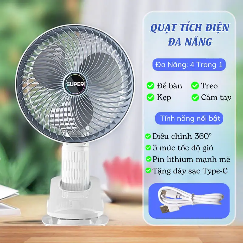 Quạt Tích Điện Đa Năng 4 Trong 1 Với 3 Tốc Độ Gió Mát, Xoay Linh Hoạt Không Tiếng Ồn - Bảo Hành Lỗi 1 Đổi 1