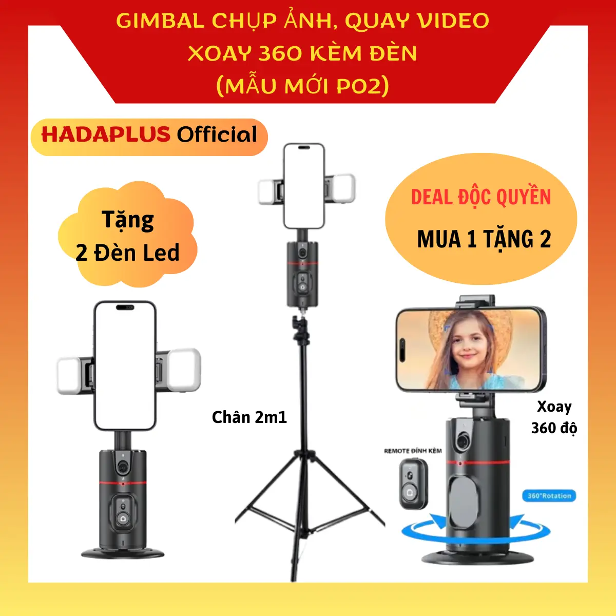 [MUA 1 TẶNG 1 - Tặng 2 Đèn Led] Gimbal Điện Thoại P02 HADAPLUS Xoay 360 Độ Có 2 Đèn Rơi Quay Video Tiện Lợi Kèm Remote Điều Khiển. Selfie, Phụ kiện